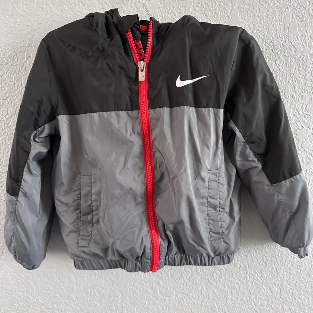 Nike 3T Fleece Lined Hooded Windbreaker Black Gray Jacket Toddler